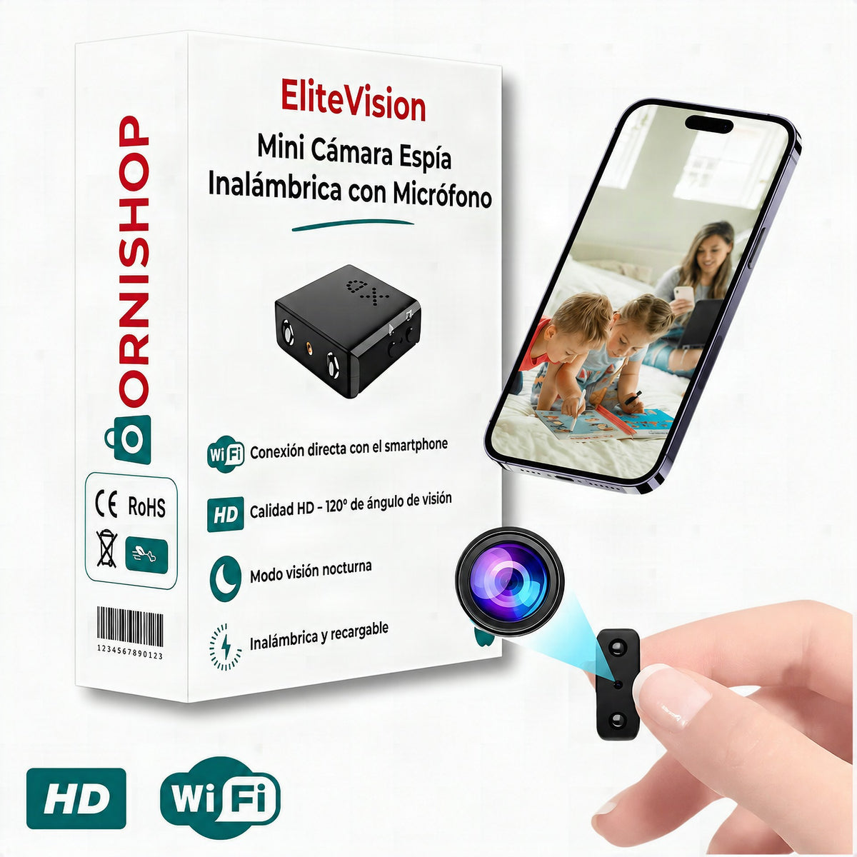 Cámara espía compacta ORNISHOP con resolución Full HD 1080p y visión nocturna