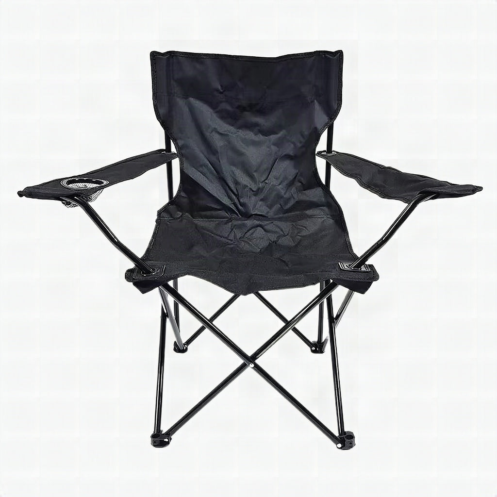 Silla plegable portátil de exterior con reposabrazos, respaldo y portavasos