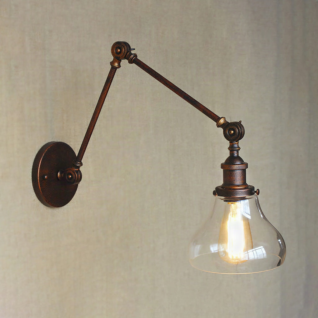 Aplique de pared industrial con pantalla de cristal en forma de pera y brazo articulado
