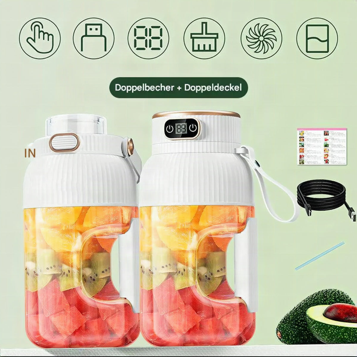 Batidora portátil multifunción con doble tapa y carga USB para smoothies y almacenamiento