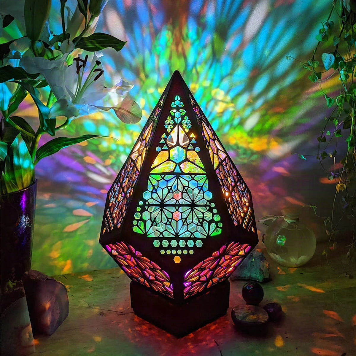 Lámpara de pie estrella polar bohemia de madera con proyector LED de colores