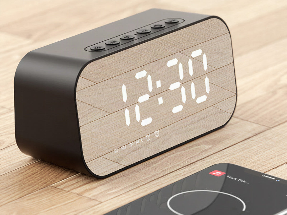 Altavoz Bluetooth 3 en 1 con subwoofer, despertador, reloj espejo y termómetro
