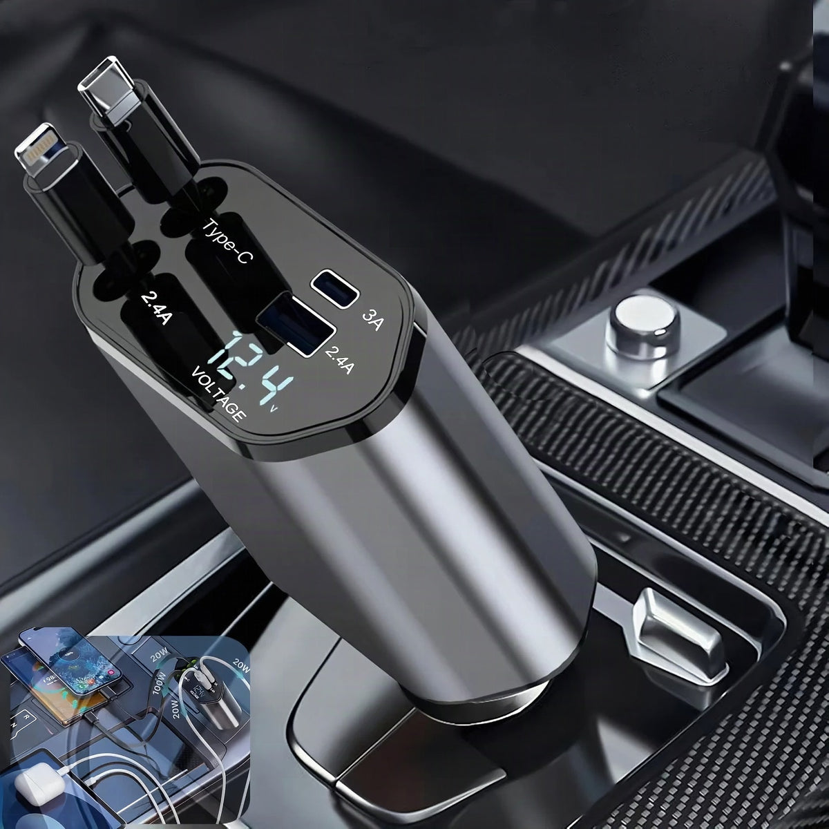 Cargador de coche plegable con USB-C y USB-A – Carga rápida de 120 W