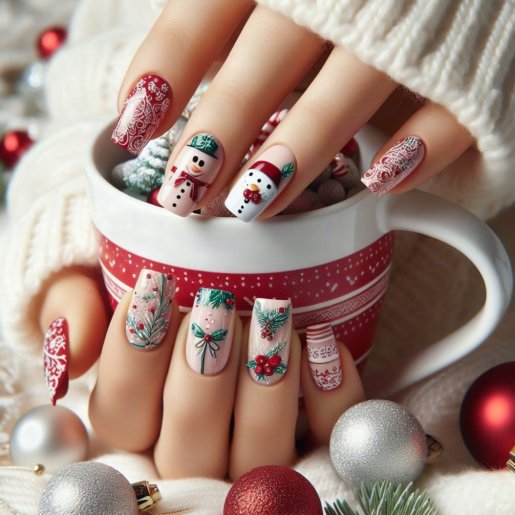 Set de uñas postizas navideñas con diseños festivos