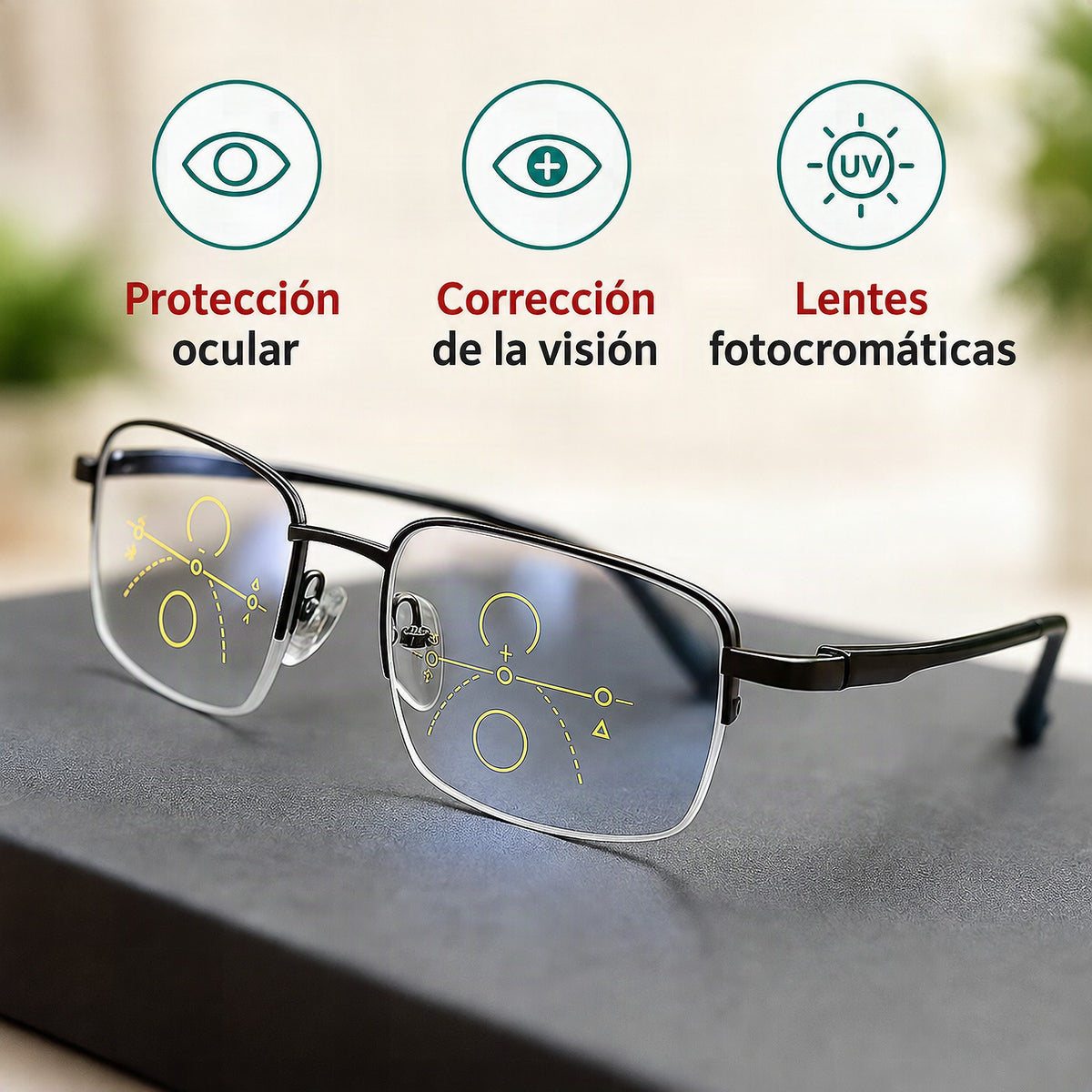 Gafas progresivas multifocales con tecnología alemana ARNO® y lentes fotocromáticas adaptativas