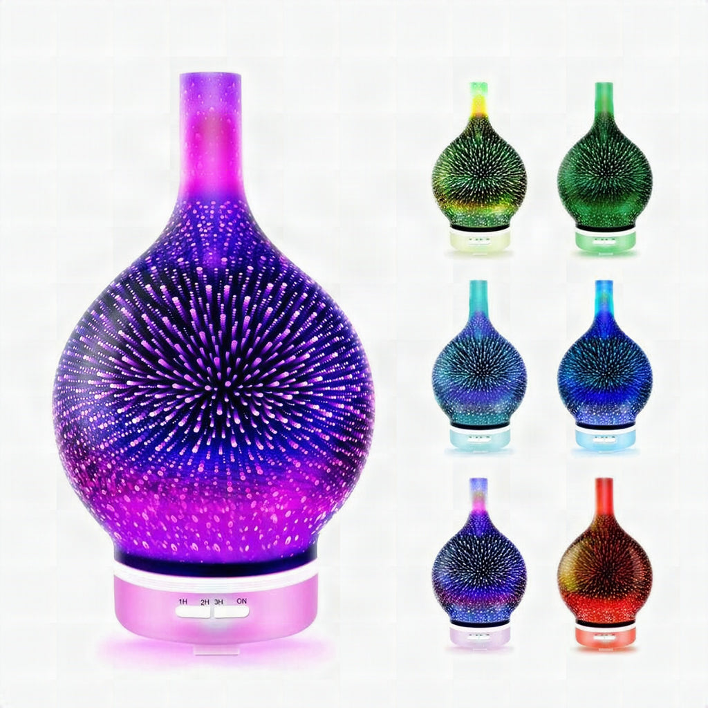 Difusor de aceites esenciales y humidificador con efecto 3D de fuegos artificiales