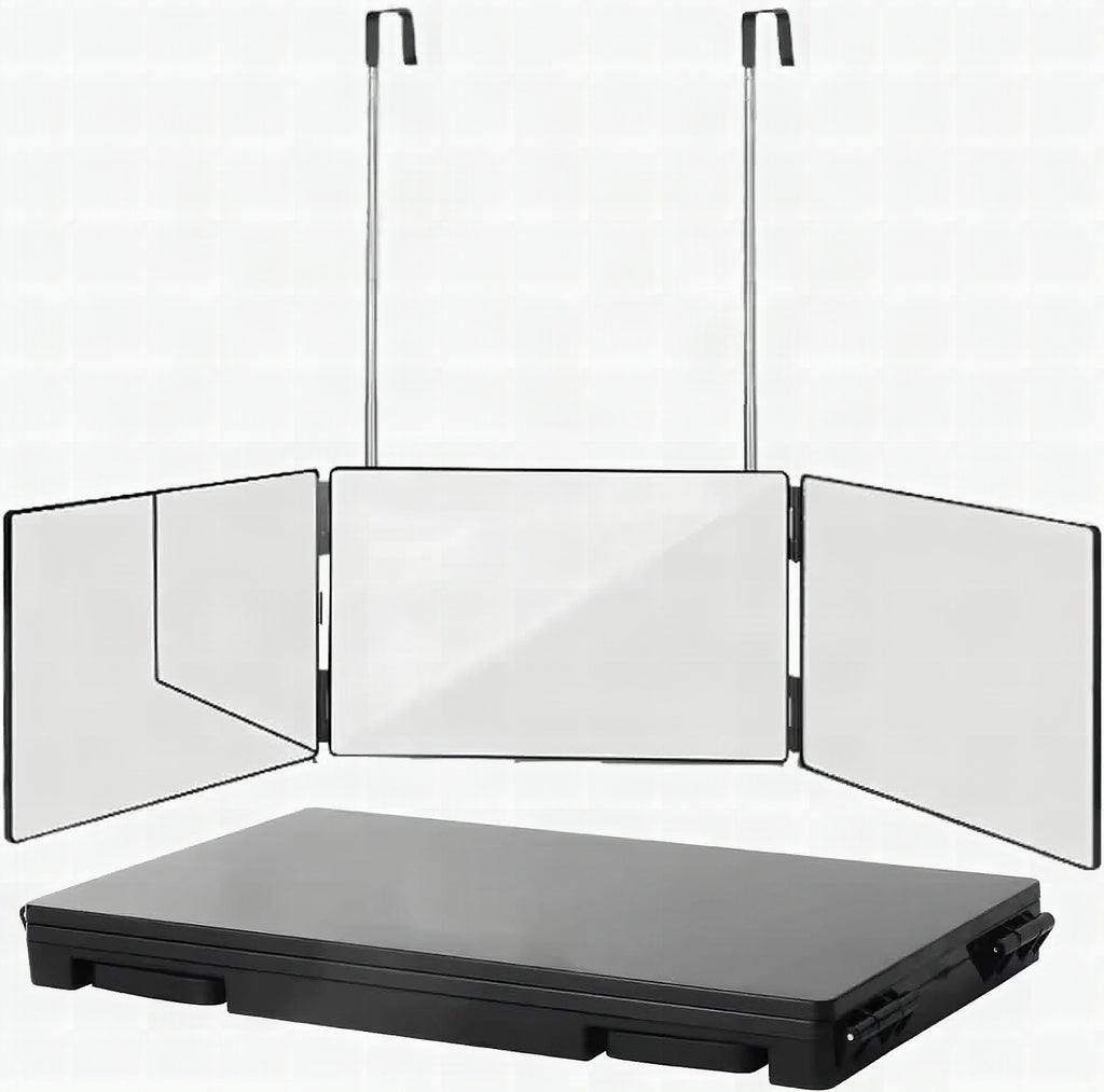 Espejo triple plegable con gancho para maquillaje, peinado y afeitado