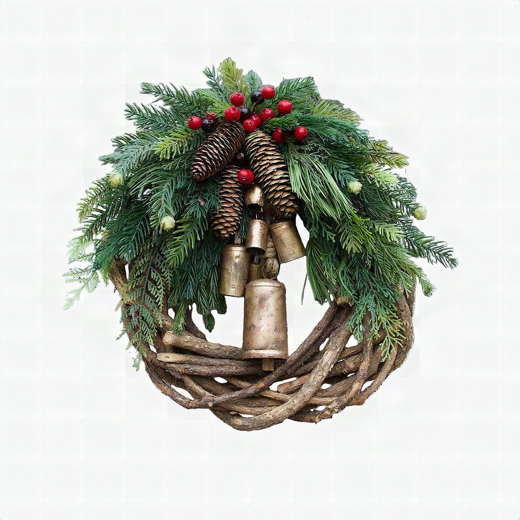 Corona de Navidad boho con cascabeles para puerta y pared