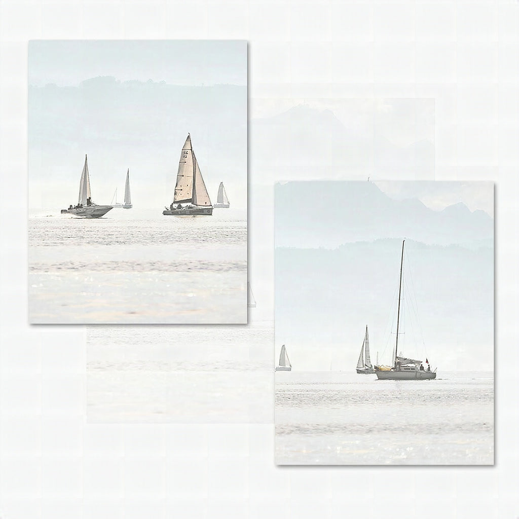 Lámina minimalista de velero náutico en paisaje de verano