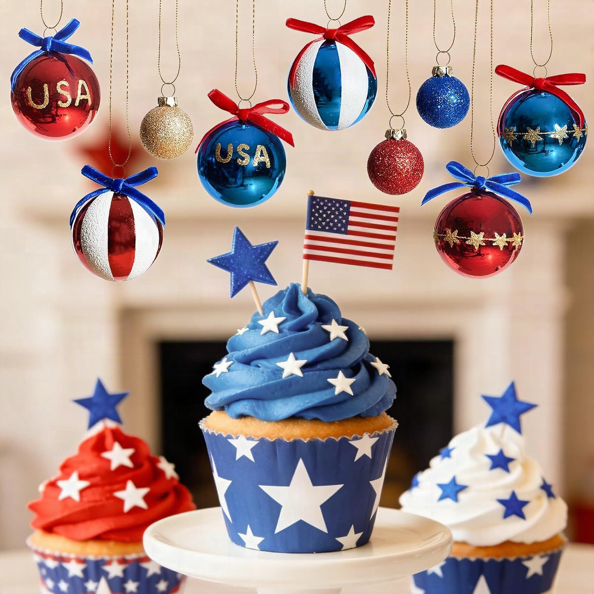 Set de bolas navideñas patrióticas con purpurina, superficies espejo y lazo decorativo