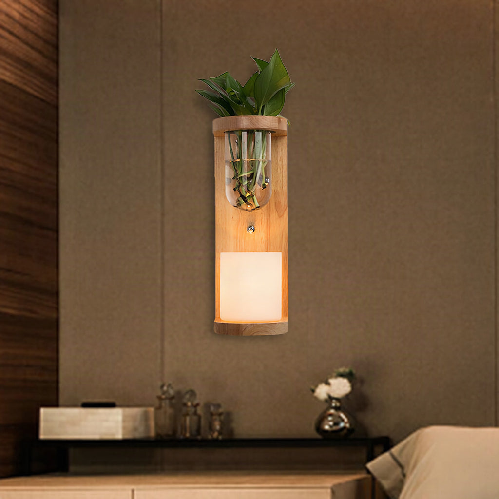 Aplique de pared cilíndrico de madera con cristal opal estilo industrial
