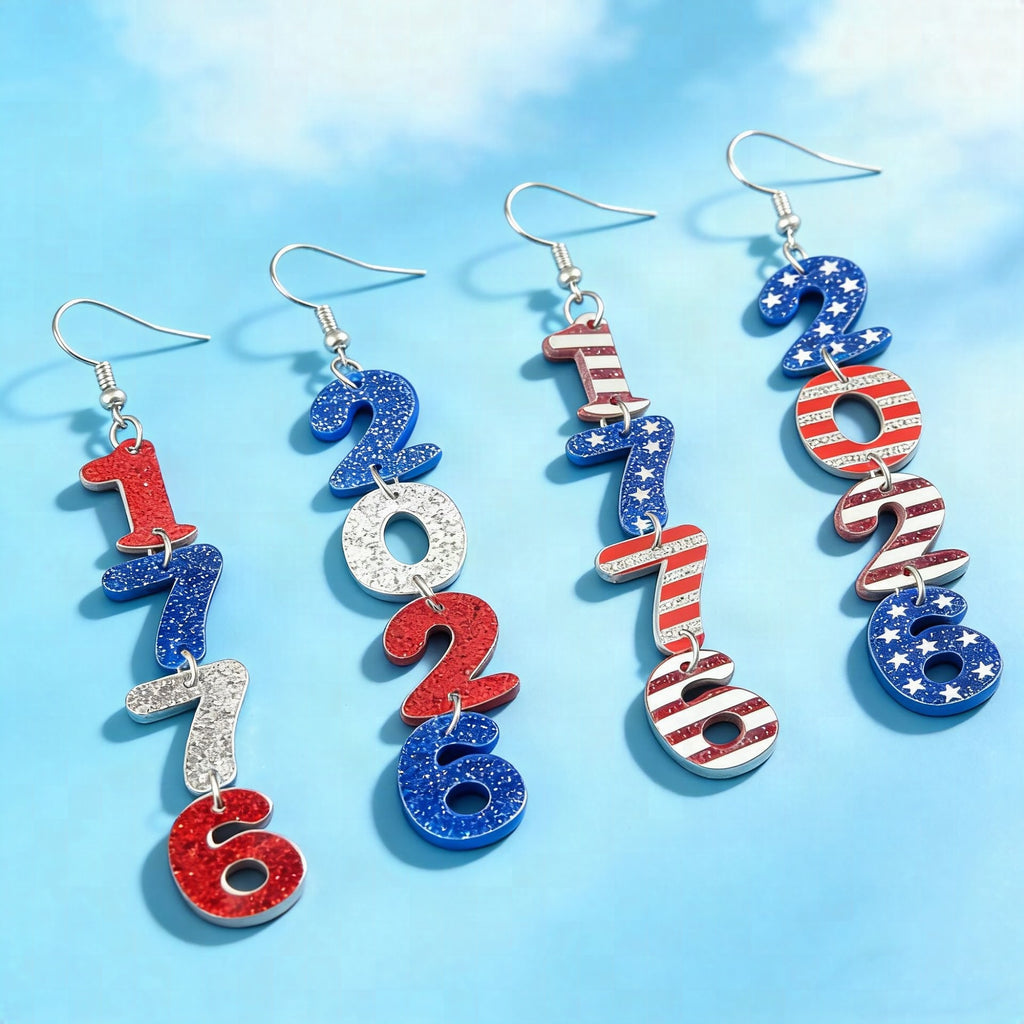Pendientes largos de números con diseño patriótico y purpurina