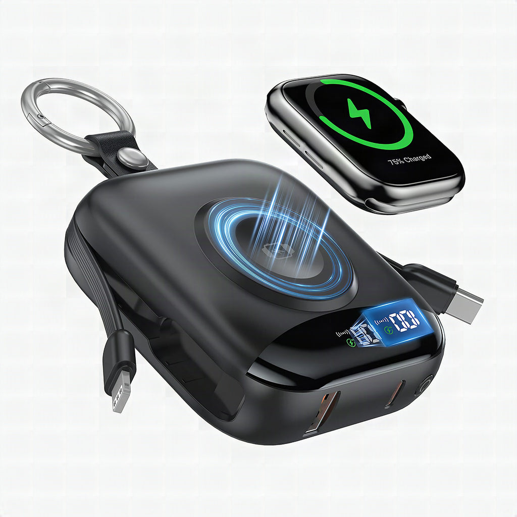 Cargador inalámbrico portátil con batería integrada y pantalla LCD