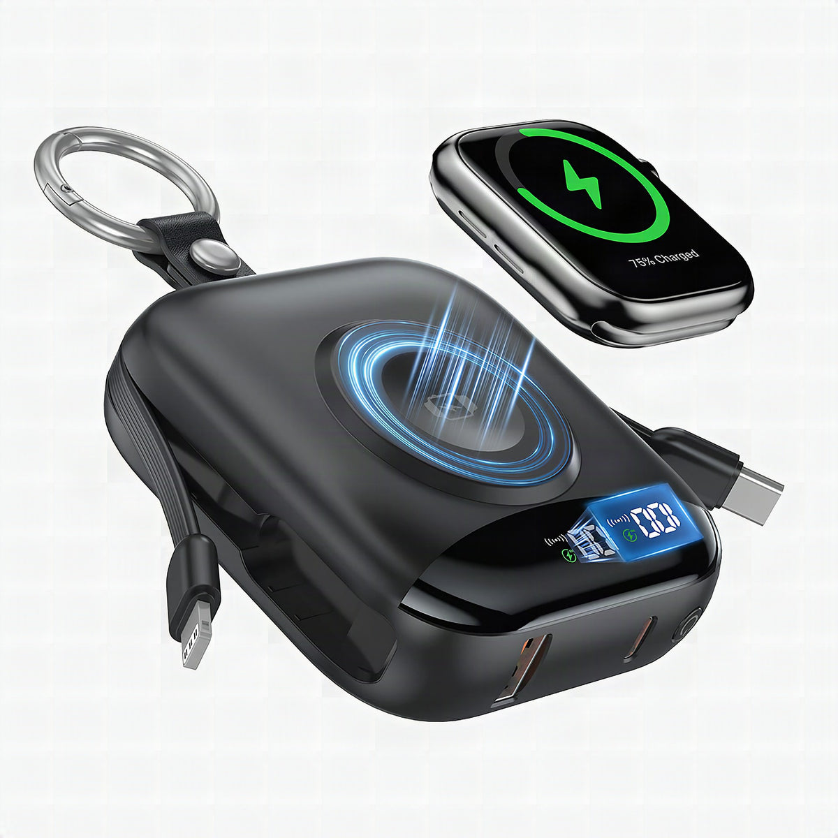 Cargador inalámbrico portátil con batería integrada y pantalla LCD