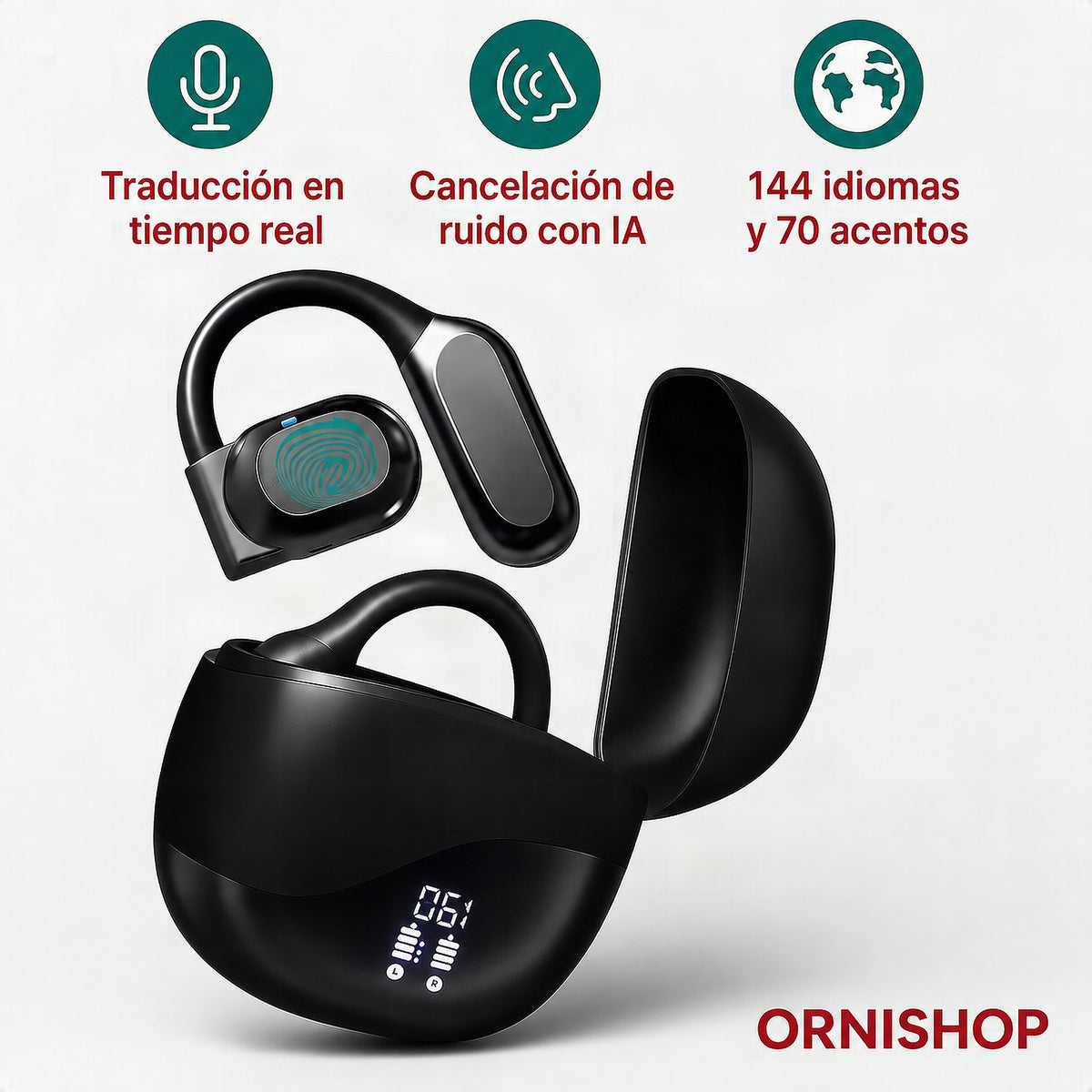 Auriculares traductores inteligentes con estuche de carga en fondo elegante