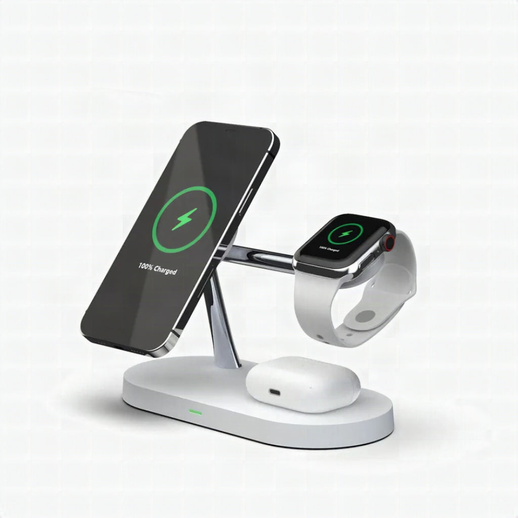 Cargador inalámbrico 3 en 1 para móvil, smartwatch y auriculares – Estación de carga rápida con diseño moderno