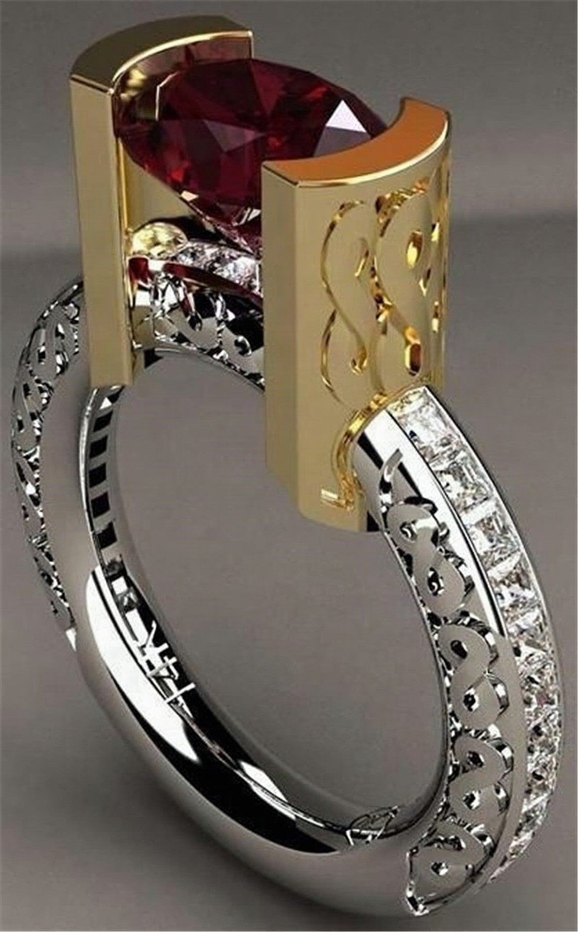 Anillo vintage con piedras rojas de circonita y cristal