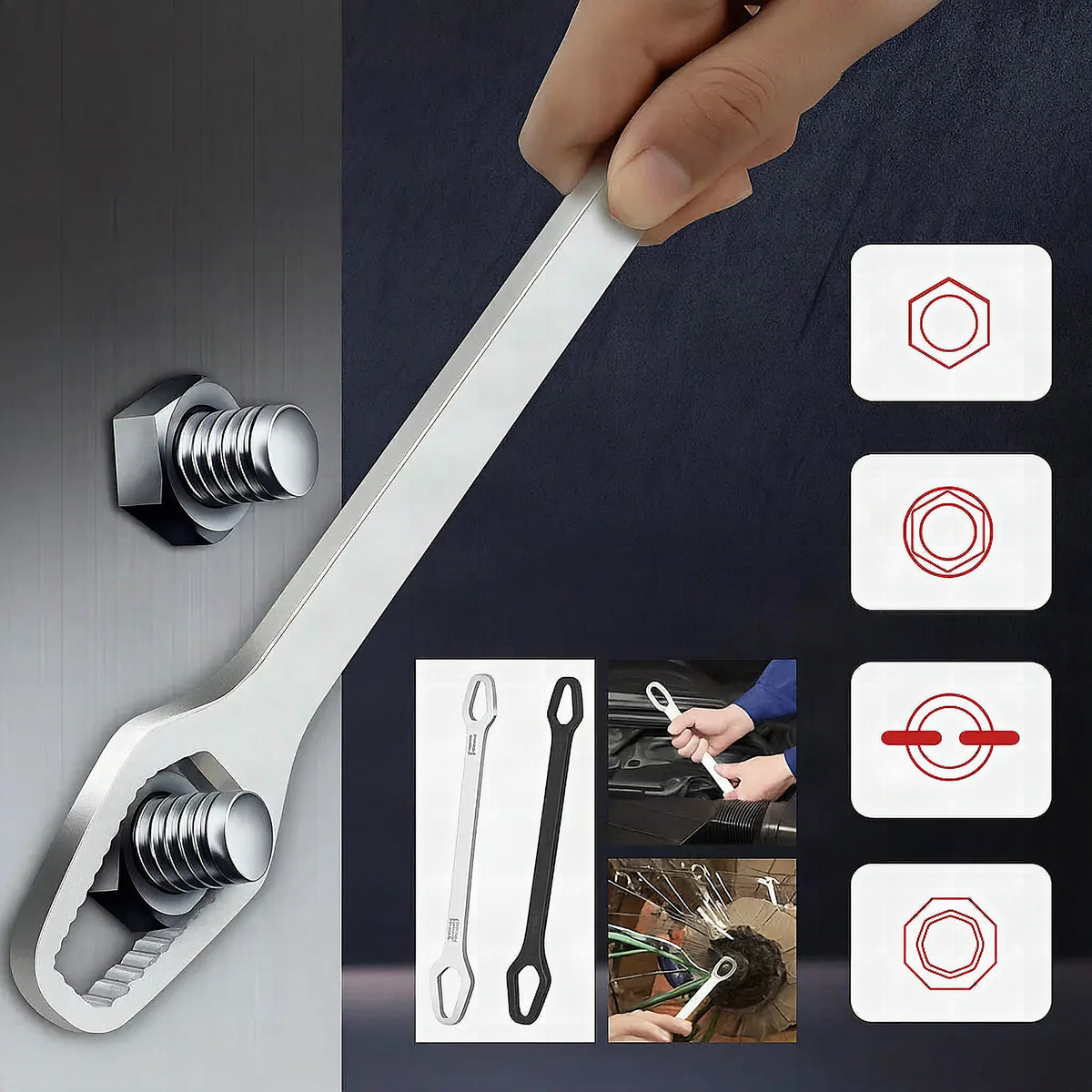Llave ajustable con mango autoapriete de doble cara, acero cromado