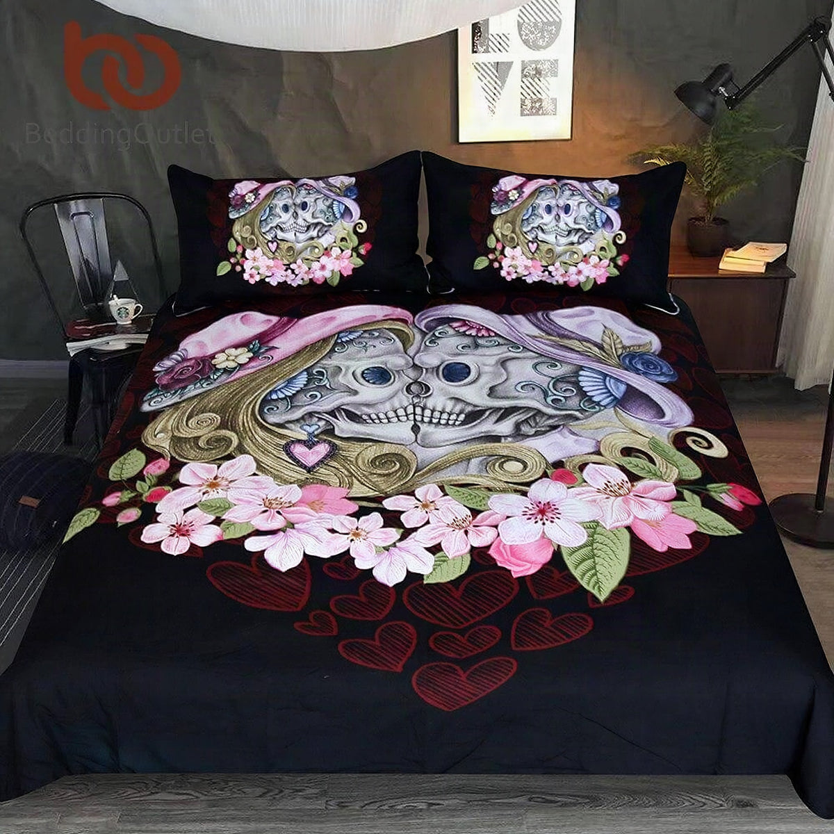 Juego de funda nórdica gótica con calaveras rosas de pareja (3 piezas)