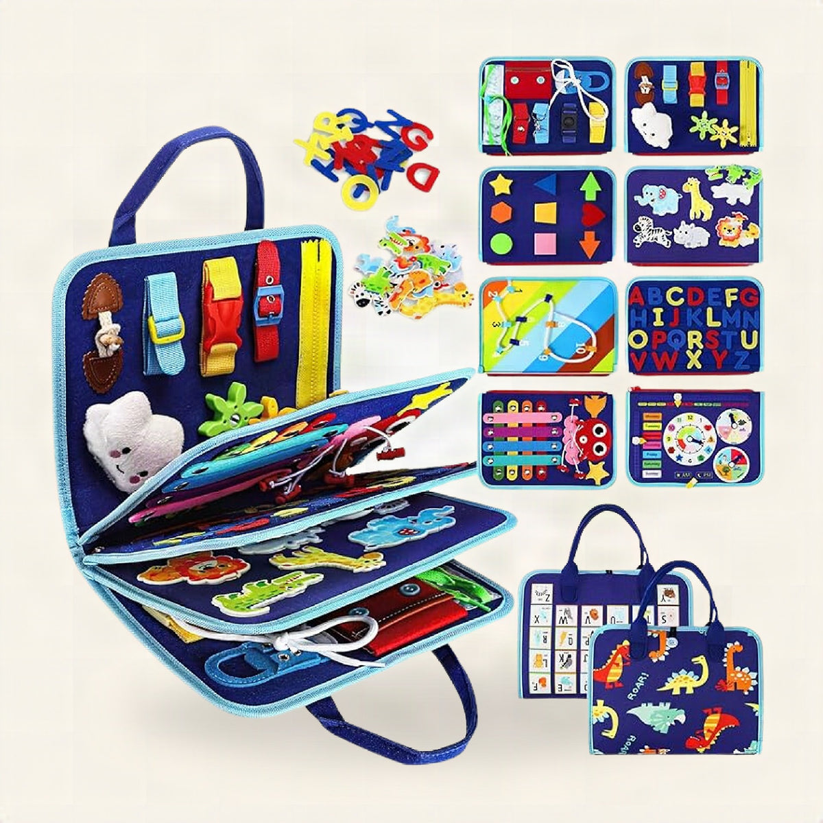 Tablero de actividades Montessori para niños con cremalleras y botones en color azul