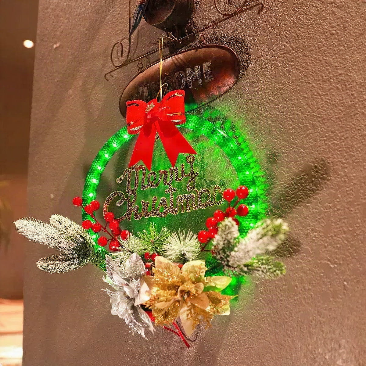 Corona navideña luminosa LED con guirnalda para puerta
