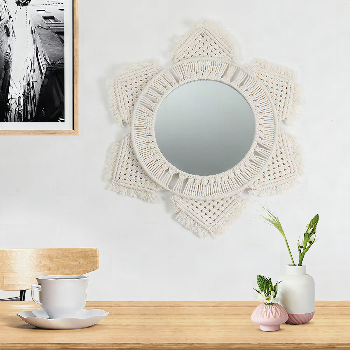 Espejo de pared decorativo con marco de macramé