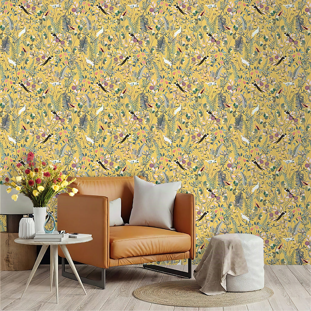 Papel pintado autoadhesivo pájaros y hojas sobre fondo dorado