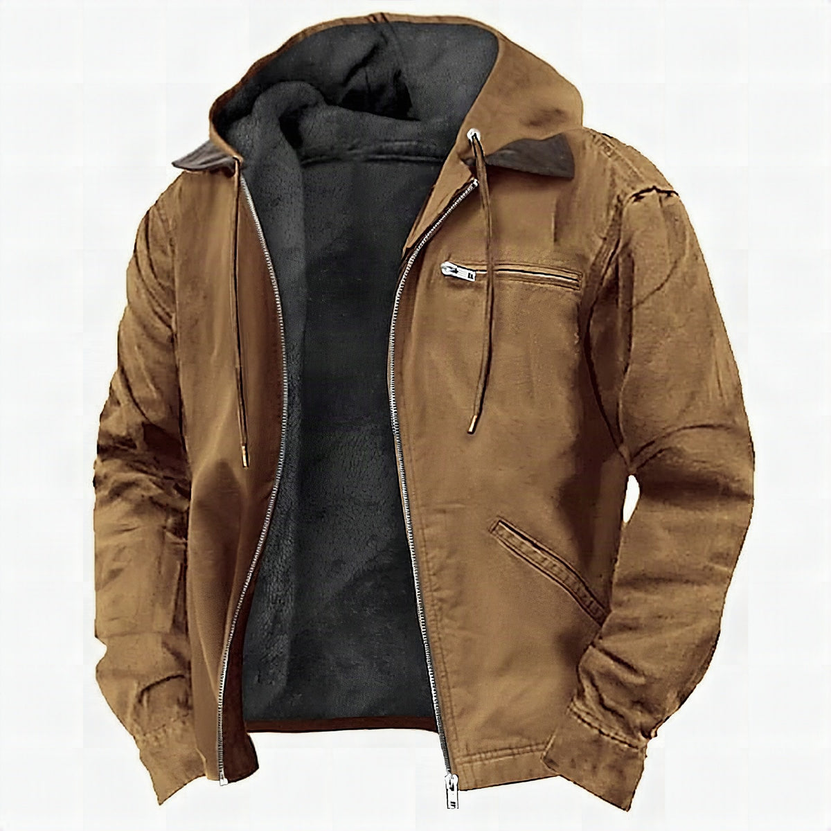 Chaqueta Atlas vintage con capucha en color marrón, vista frontal completa.