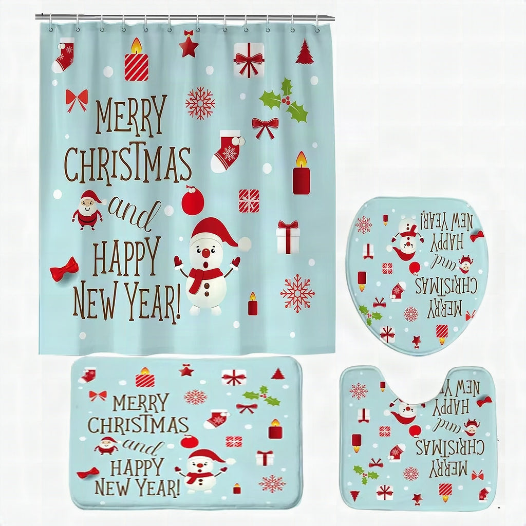Conjunto navideño de baño con cortina de ducha, alfombrilla antideslizante, tapa de inodoro y alfombra – diseño invernal