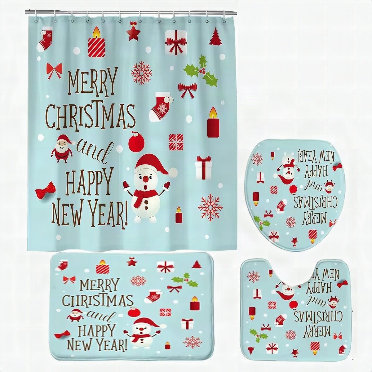 Conjunto navideño de baño con cortina de ducha, alfombrilla antideslizante, tapa de inodoro y alfombra – diseño invernal
