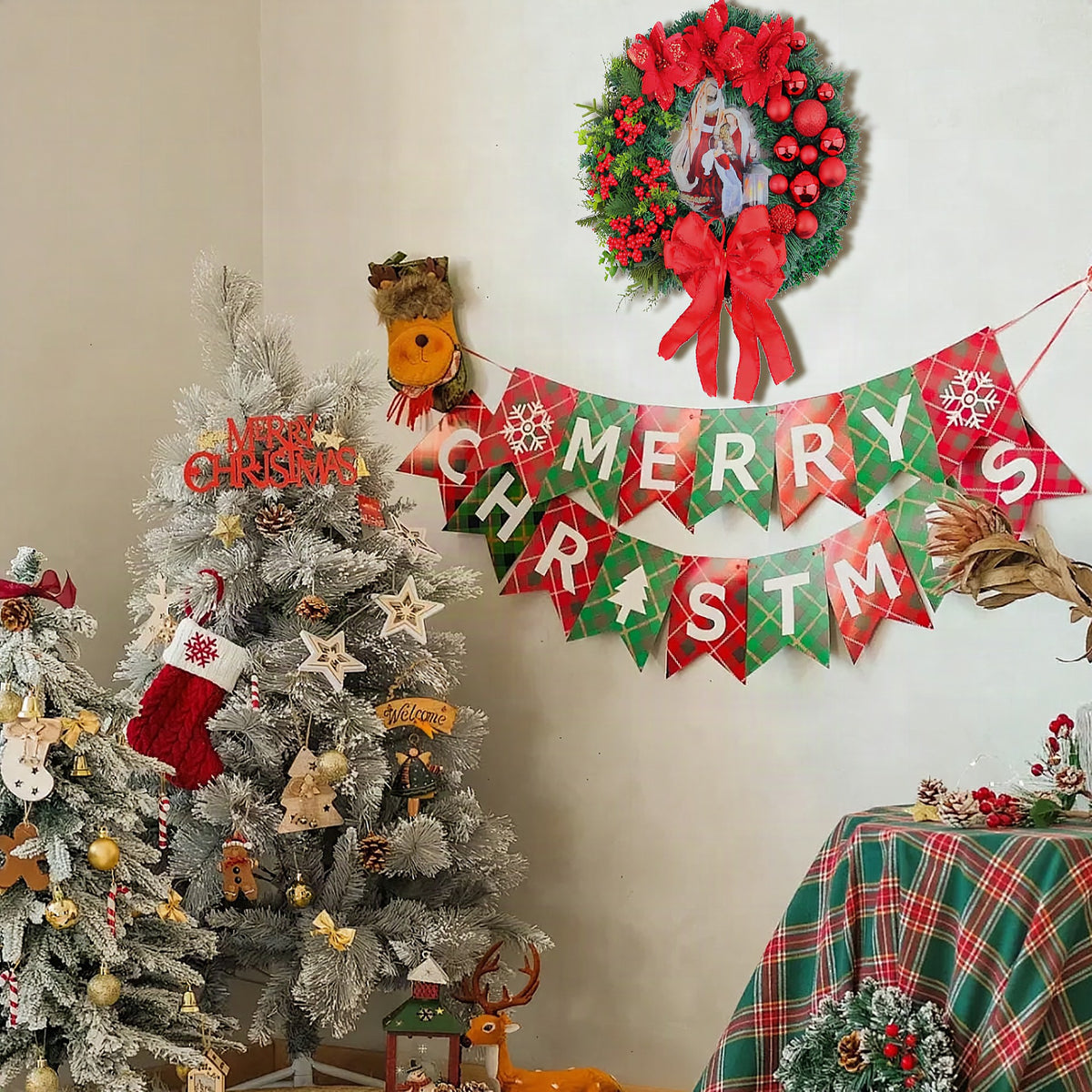 Corona de Navidad con Belén y luces LED