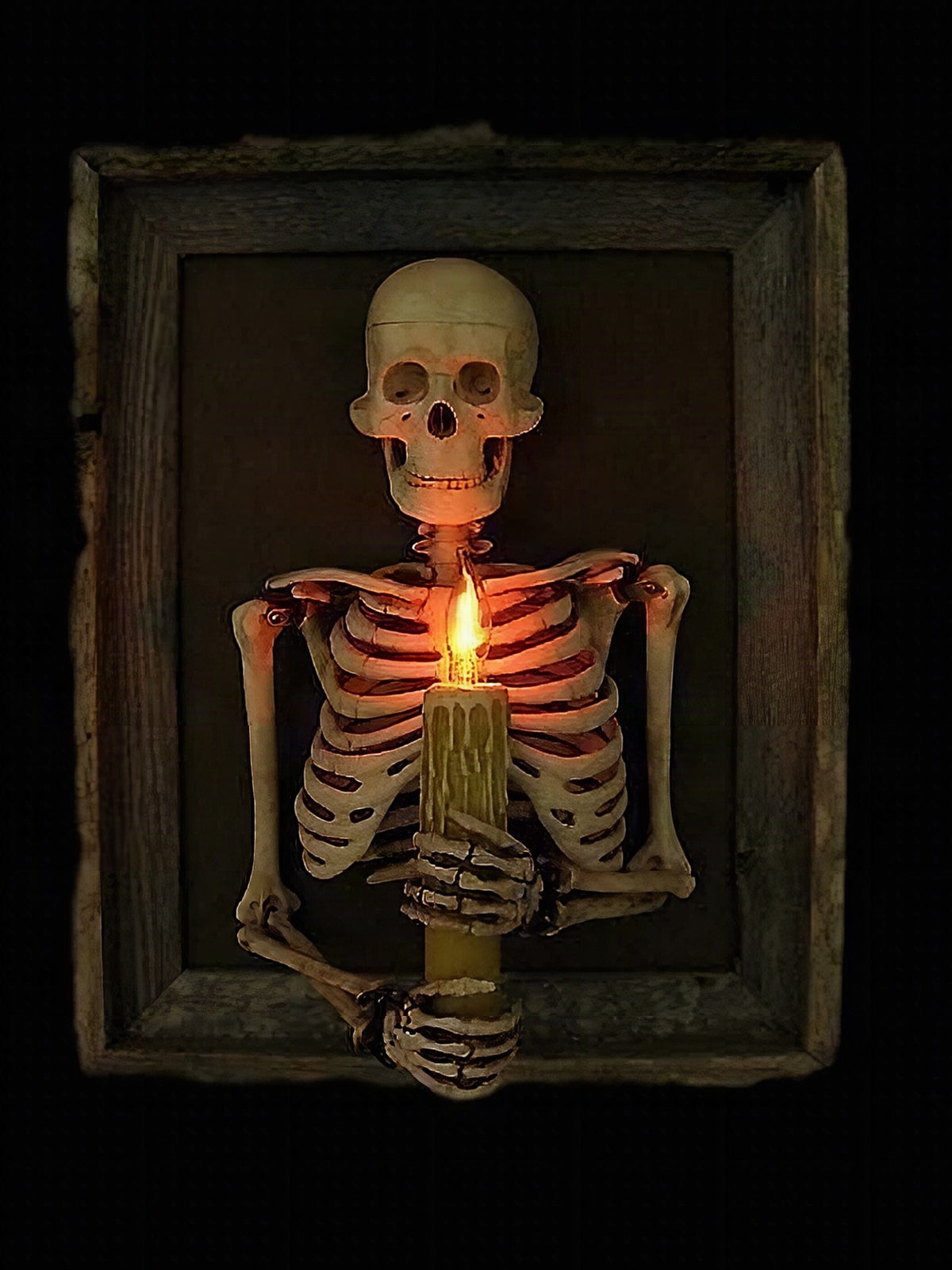 Esqueleto enmarcado 3D con vela para decoración de Halloween
