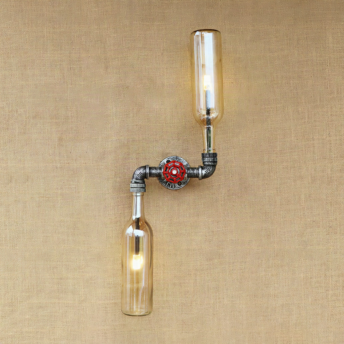 Aplique de pared estilo industrial con botellas de cristal gris/azul, 2 luces