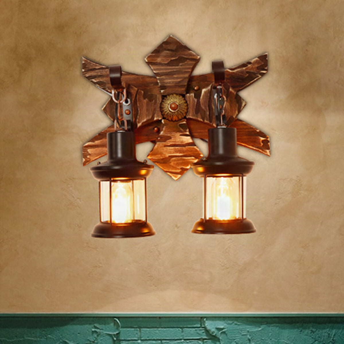 Aplique de pared vintage estilo farol con 2 luces, placa de madera y pantalla de metal negro