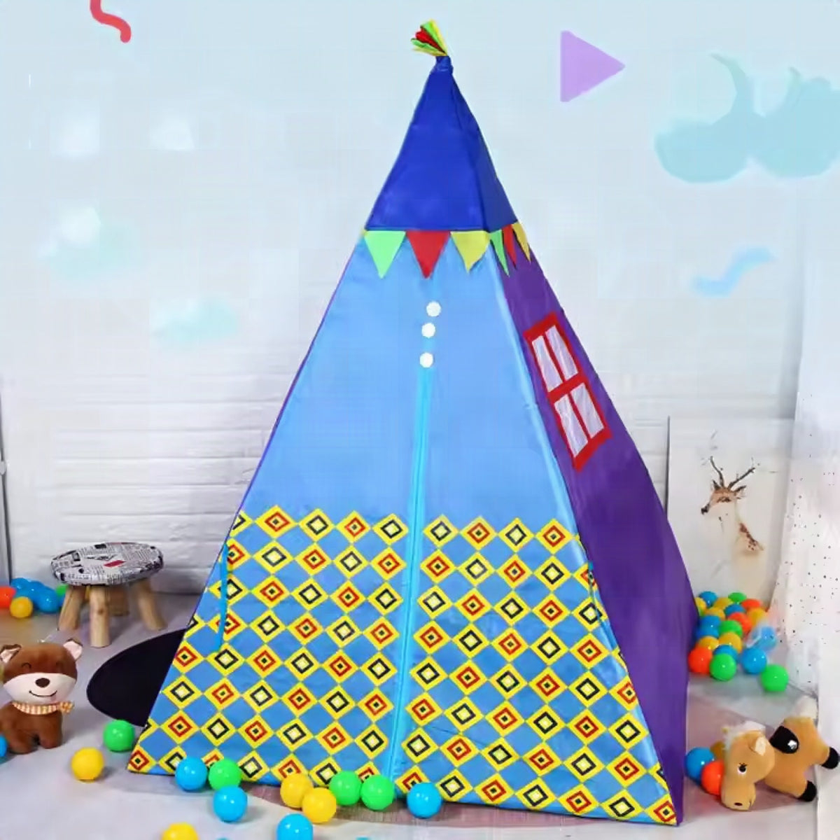 Tienda de campaña infantil de colores para juego creativo en interiores