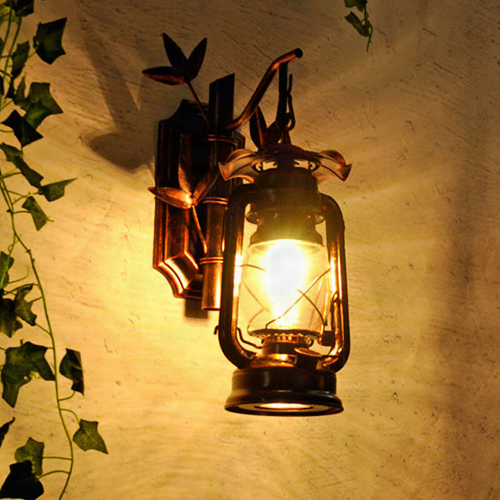 Aplique de pared industrial farol 1 luz con cristal transparente y placa trasera de bambú metálico