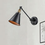 Aplique de pared vintage con brazo articulado y pantalla cónica en negro