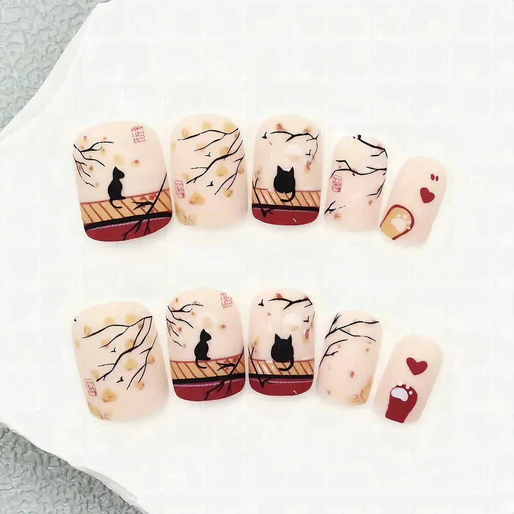 Set de uñas postizas artísticas con diseño de gatos