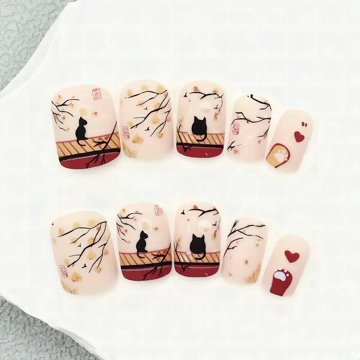 Set de uñas postizas artísticas con diseño de gatos