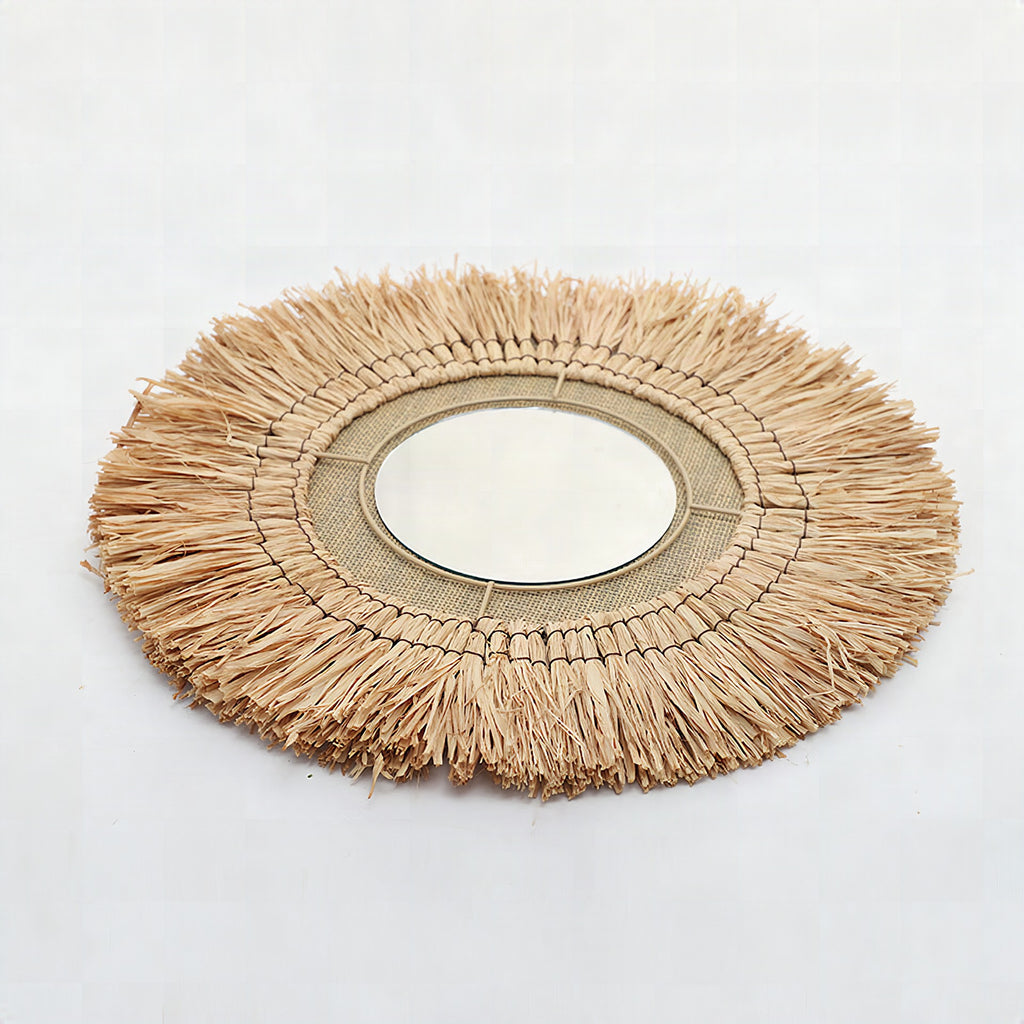 Espejo de pared decorativo con marco de ratán natural