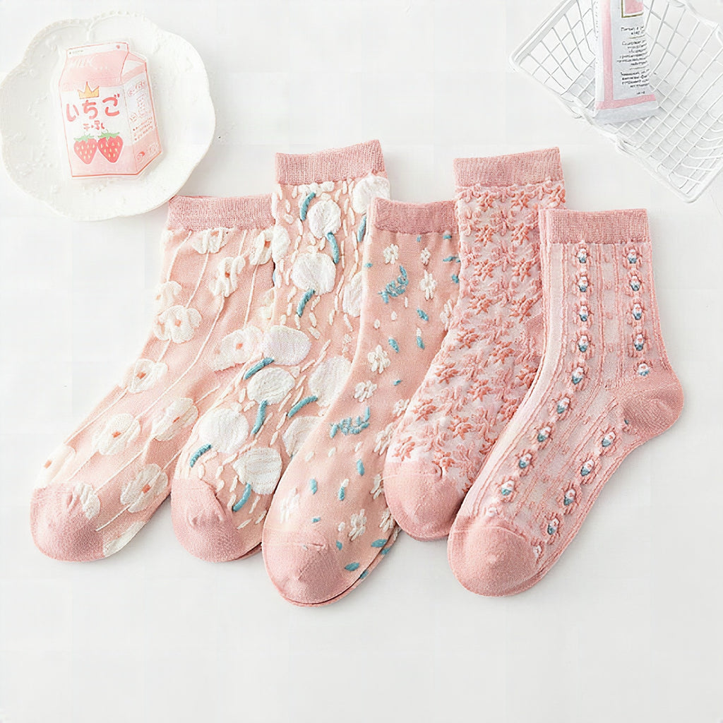 Pack de 5 pares de calcetines vintage con bordado floral
