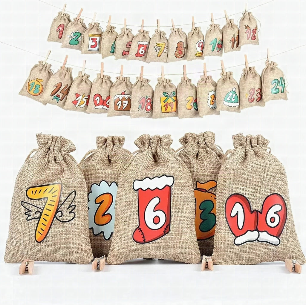 Calendario de adviento DIY de yute con 24 bolsitas vacías para Navidad