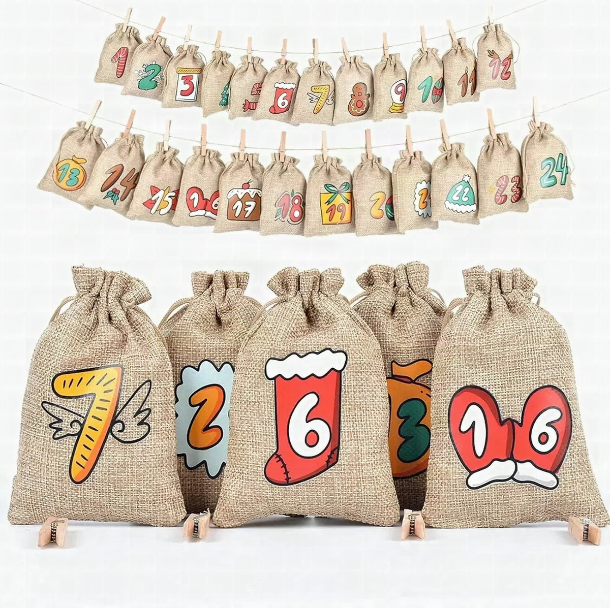 Calendario de adviento DIY de yute con 24 bolsitas vacías para Navidad