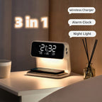 Lámpara de mesita 3 en 1 con cargador inalámbrico, despertador LCD y luz LED regulable táctil