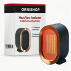 Radiador eléctrico portátil HeatFlow™ en color verde esmeralda con detalles en cobre, diseño compacto y elegante.