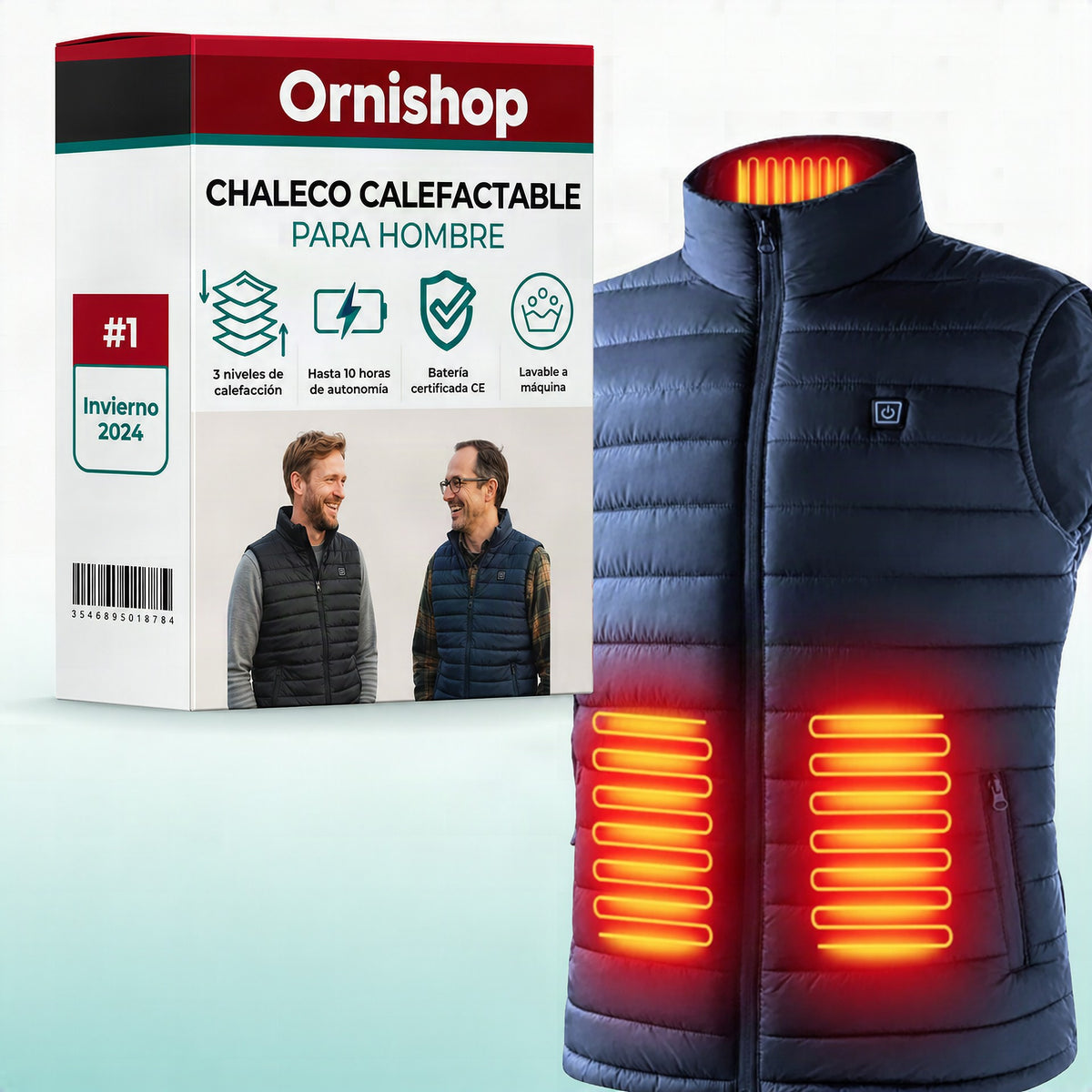 Chaleco térmico con calefacción Ornishop X en color negro, vista frontal completa del producto