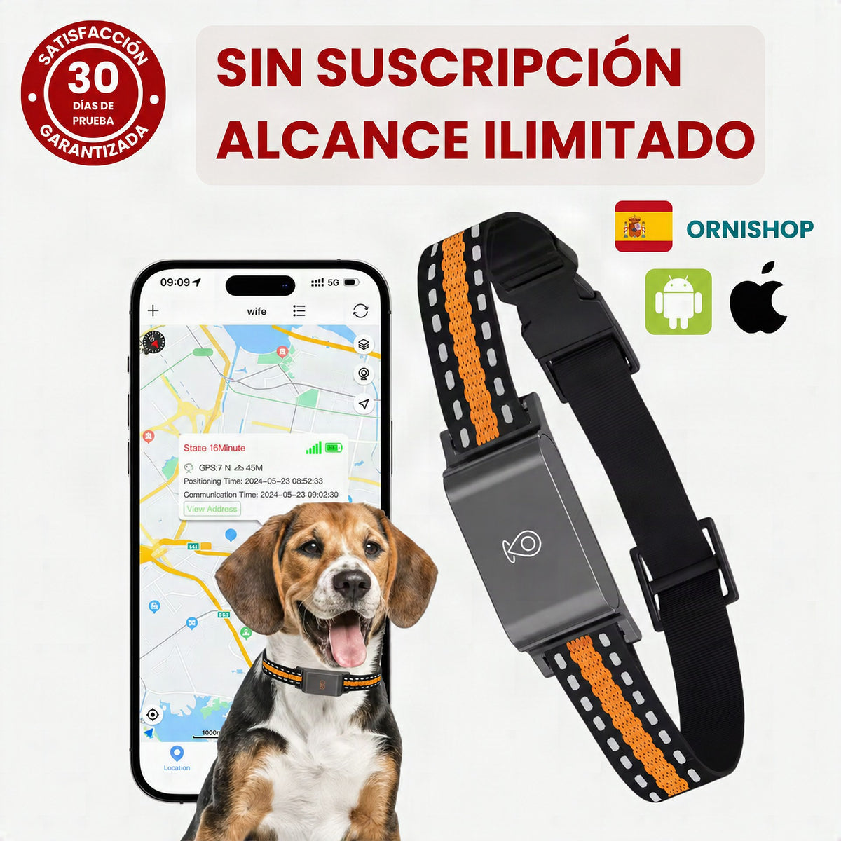 Localizador GPS para mascotas mostrando el dispositivo compacto con collar ajustable para perros y gatos