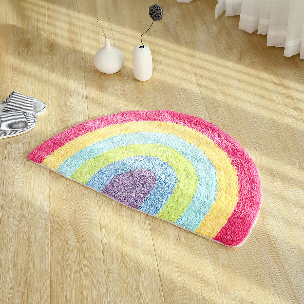 Alfombra semicircular de algodón con arcoíris para habitación infantil