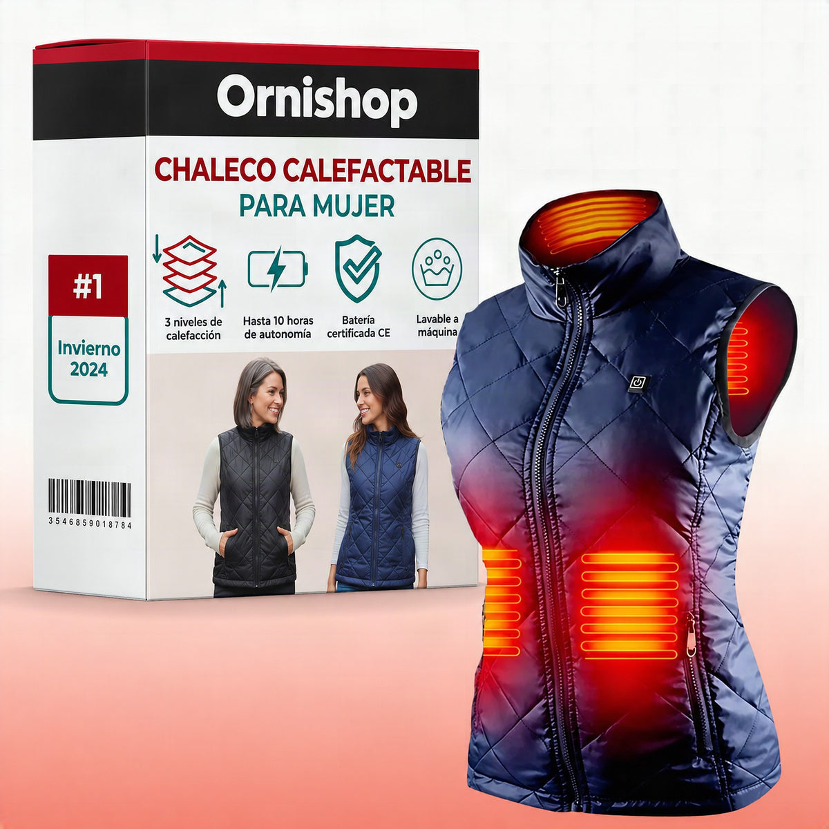Chaleco térmico con calefacción Ornishop X en color negro, vista frontal completa del producto