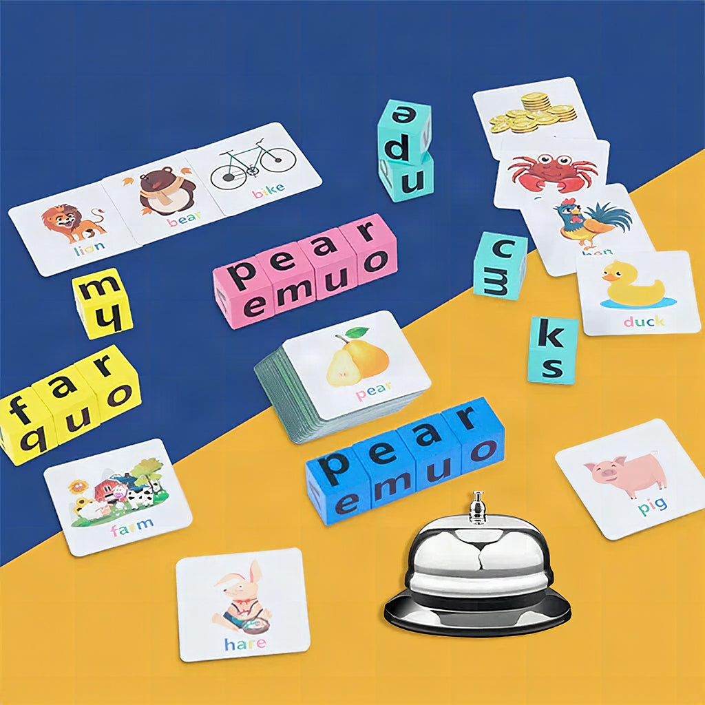 Juego de deletreo con bloques de madera y tarjetas ilustradas